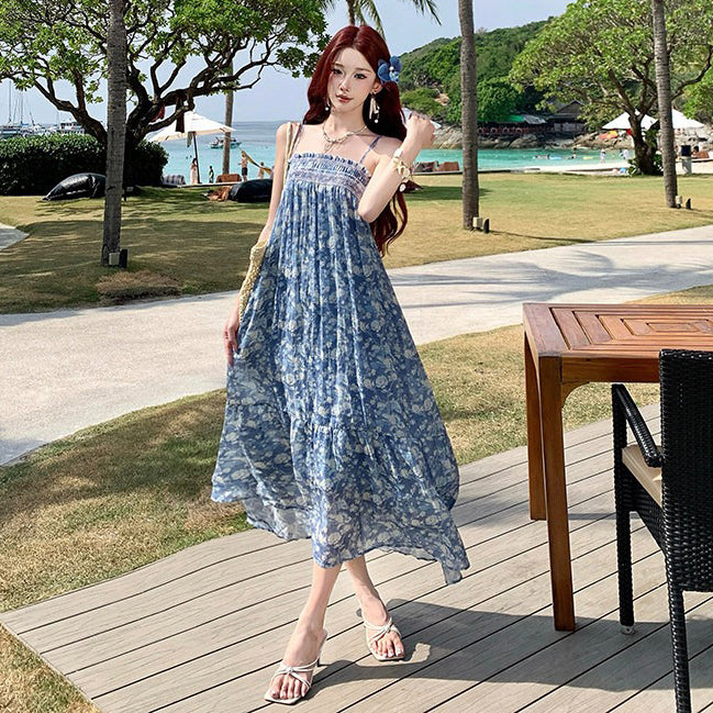 【ワンピース】バリ風 沖縄旅行 リゾートワンピース レディース 夏 ブルー 花柄 シフォン ノースリーブ ロングワンピース フレア【SHシリーズ】