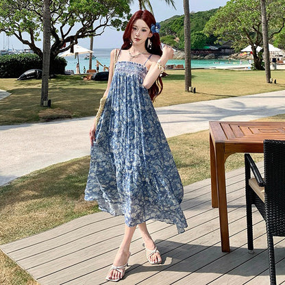 【ワンピース】バリ風 沖縄旅行 リゾートワンピース レディース 夏 ブルー 花柄 シフォン ノースリーブ ロングワンピース フレア【SHシリーズ】