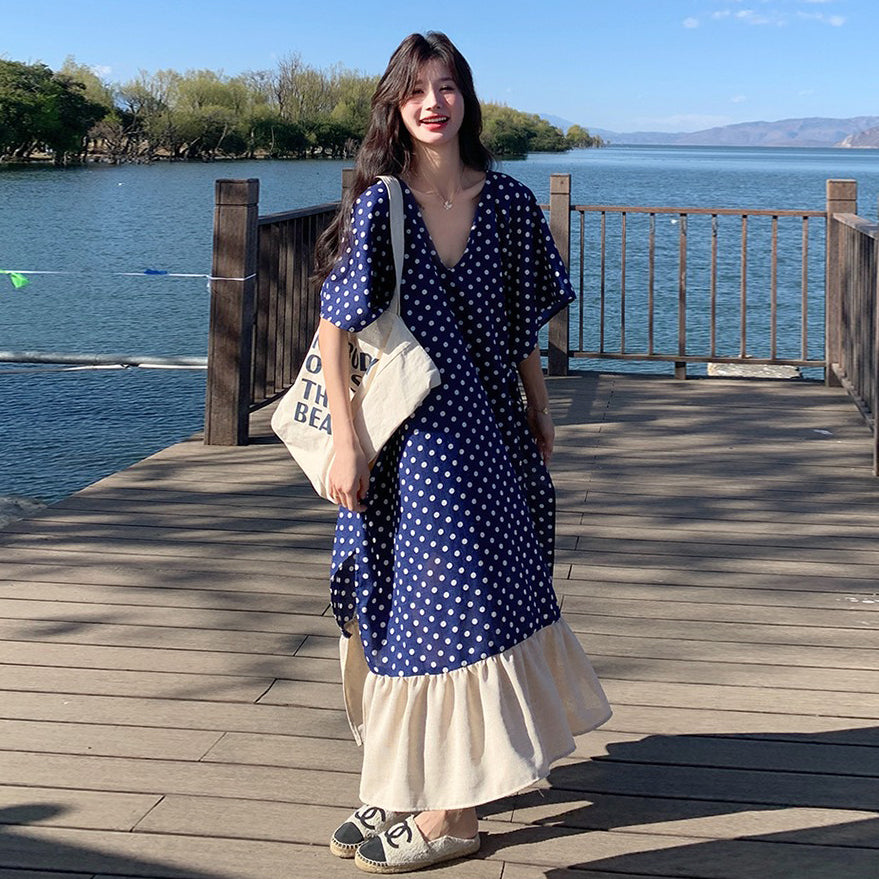 【ワンピース】高級感 ドット柄 シフォン 半袖ワンピース 超人気 おしゃれでリラックス感たっぷり リゾートロングドレス【SHシリーズ】