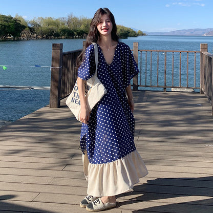 【ワンピース】高級感 ドット柄 シフォン 半袖ワンピース 超人気 おしゃれでリラックス感たっぷり リゾートロングドレス【SHシリーズ】