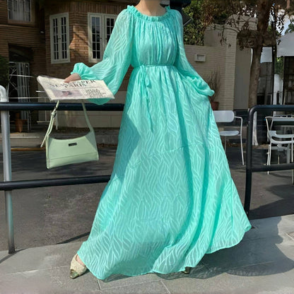 [洋裝] 韓版春夏露肩圓領2way寬鬆長袖連身裙