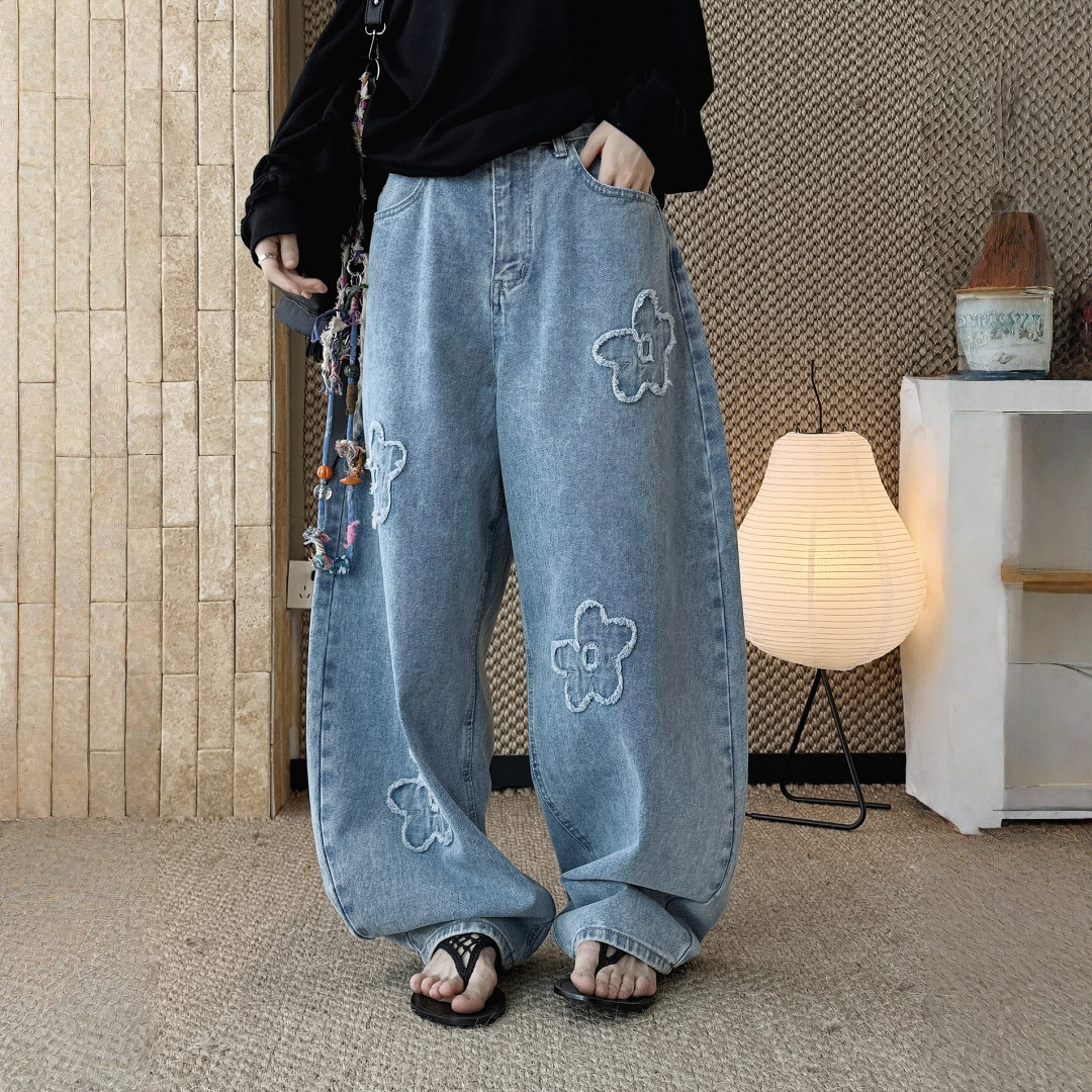 【ボトムス】デザイン性 ハイウエスト 花モチーフ アップリケ刺繍 デニムパンツ 【JZシリーズ】
