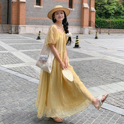 【ワンピース】イエロー ロングワンピース 夏 ゆったり バックシャン リボンデザイン 体型カバー リゾートドレス【JZシリーズ】