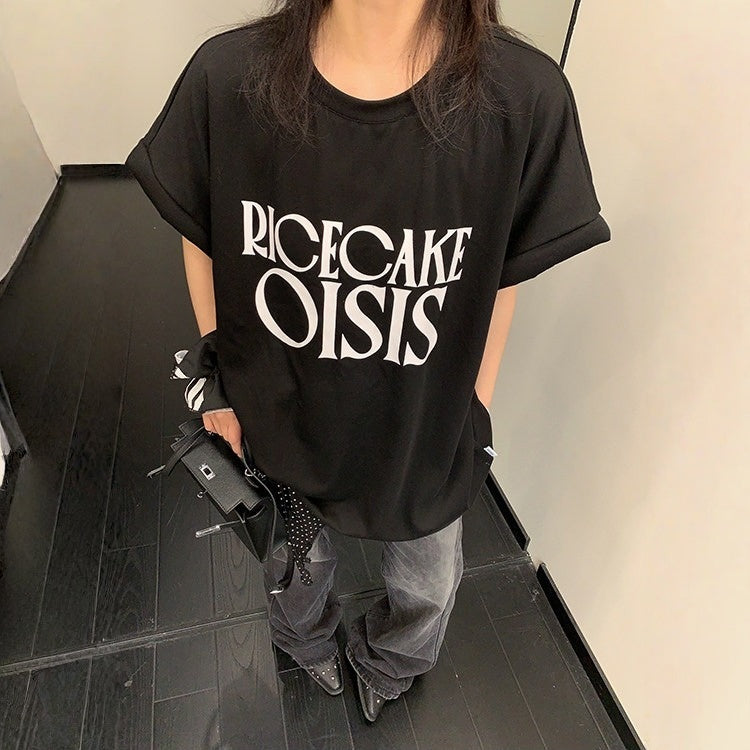 【トップス】韓国風 レタープリント パデッドスリーブ 半袖 ビッグTシャツ 【FCシリーズ】