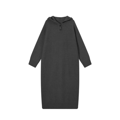 【ワンピース】フード付き ニット長袖ワンピース レディース 秋冬 韓国風 ルーズ 体型カバー ロング丈【FCシリーズ】【15～20日内発送】