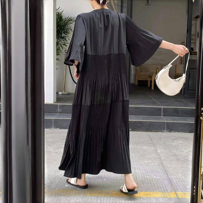 【ワンピース】夏 プリーツ 切り替え 大振裾 半袖 ワンピース