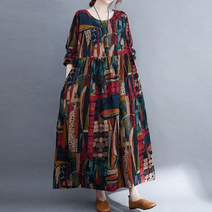 【ワンピース】花柄 大きいサイズ 文芸風 レトロ 長袖 プリント フレアワンピース ゆったり ロング丈 春秋新作【SHシリーズ】