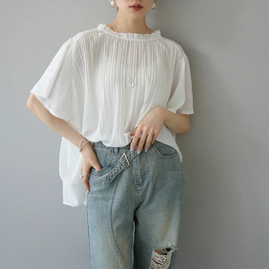【トップス】プリーツ加工 無地 OL向け Ｔシャツ  【JZシリーズ】