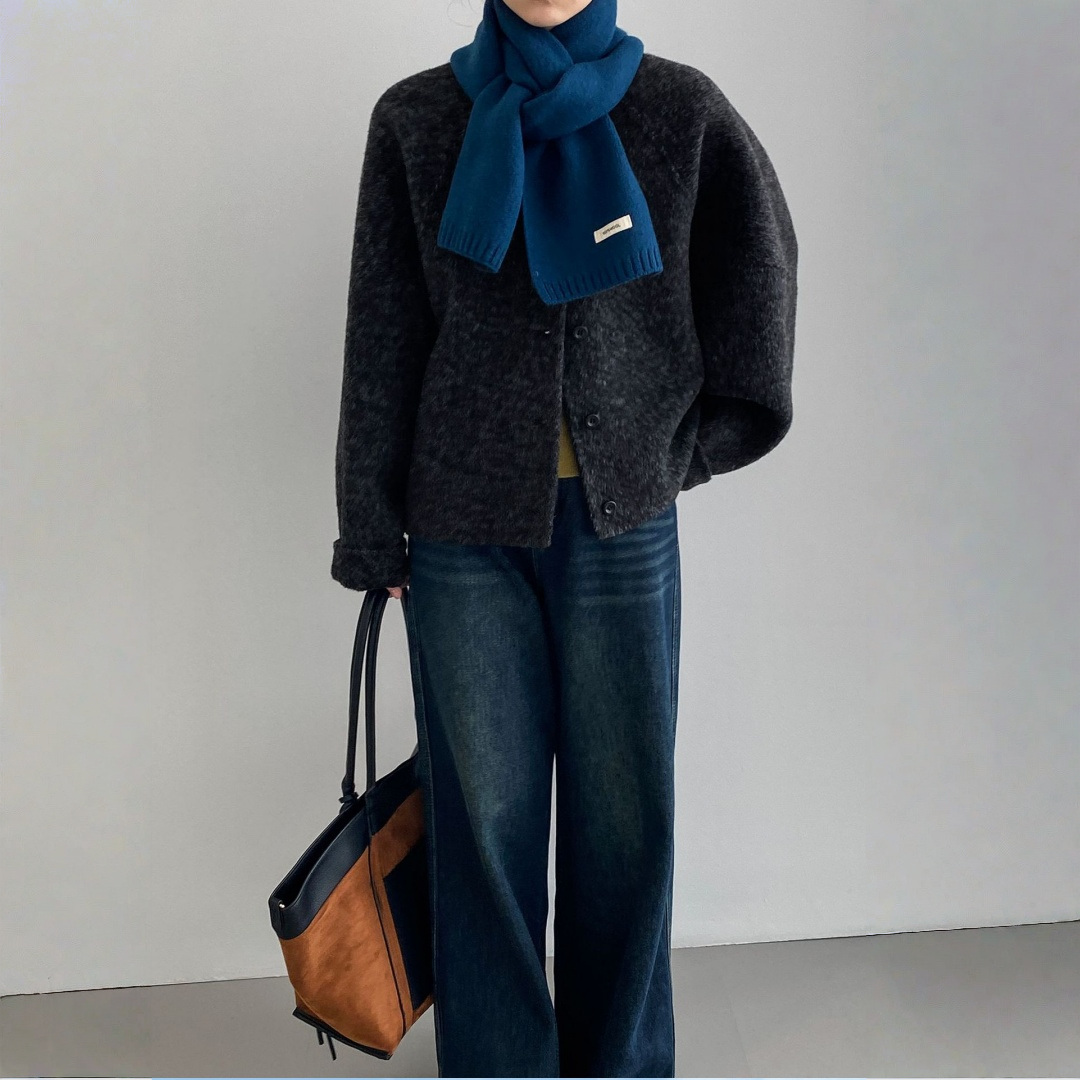 【アウター】春 秋 冬 ウール アルパカ ショート丈 ゆったり ラウンドネック ジャケット 【JZシリーズ】