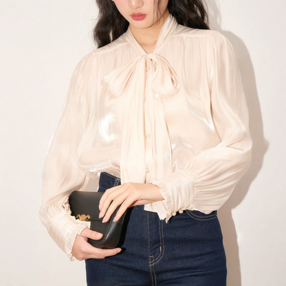【トップス】エレガント 光沢感 ボウタイ リボン結び ブラウス 【JZシリーズ】