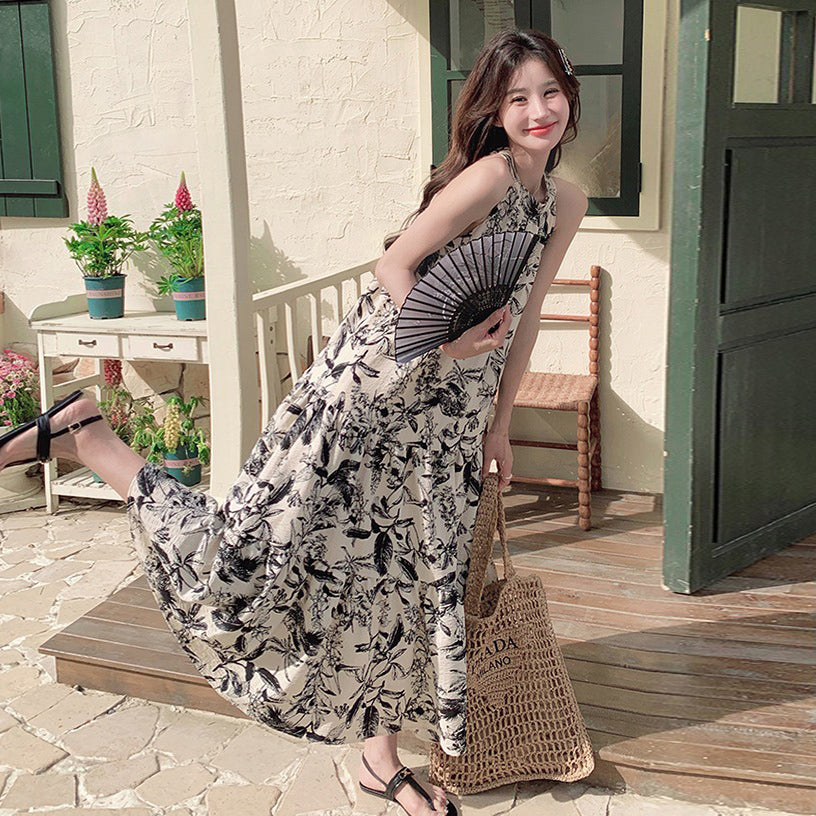 【ワンピース】夏新作 フレンチチャイナ 水墨花柄 ハイネック ノースリーブワンピース【SHシリーズ】