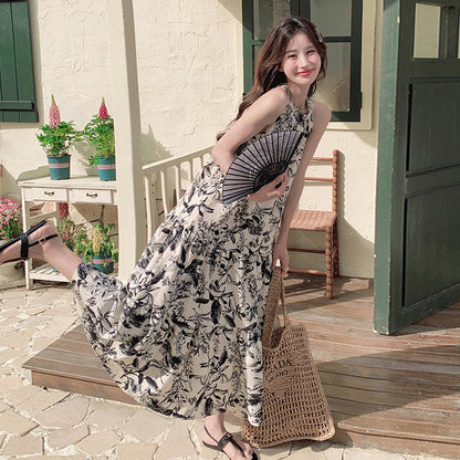 【ワンピース】夏新作 フレンチチャイナ 水墨花柄 ハイネック ノースリーブワンピース【SHシリーズ】