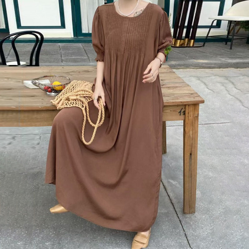 【ワンピース】10色展開 韓国風 レトロ＆アートテイスト ゆったり大きいサイズ 無地 半袖ワンピース