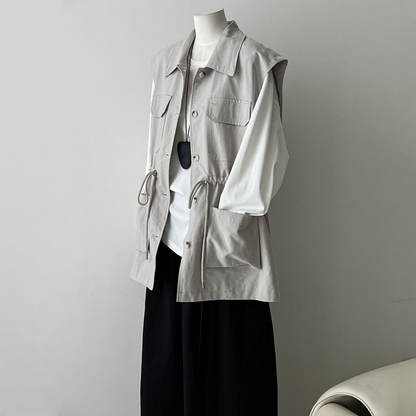 【トップス】春 秋 冬 ワーク風 ドローストリング ポケット ノースリーブ ベスト 【JZシリーズ】
