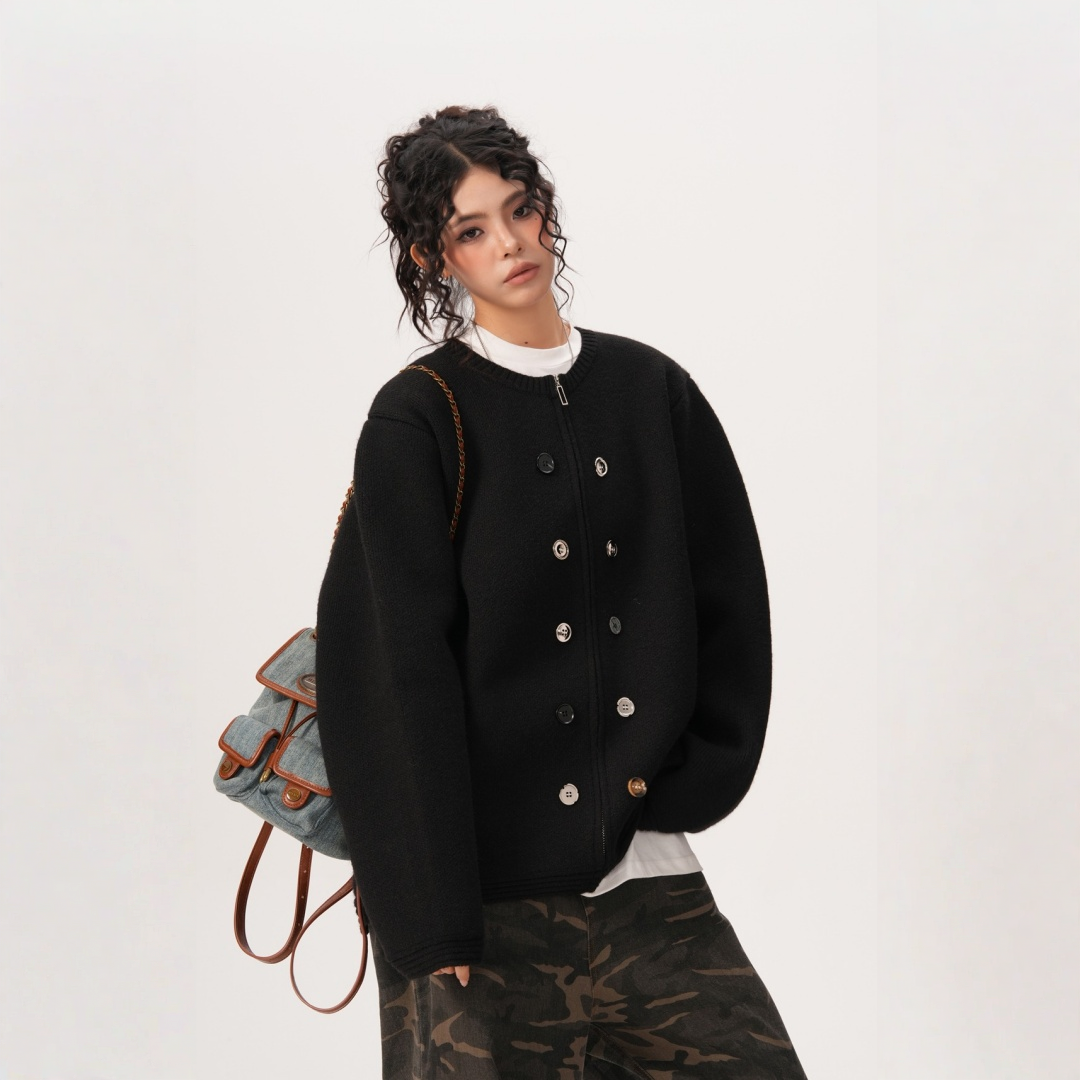 【トップス】　ボタン 厚手 ニッチ ファスナー付き  セーター【FCシリーズ】