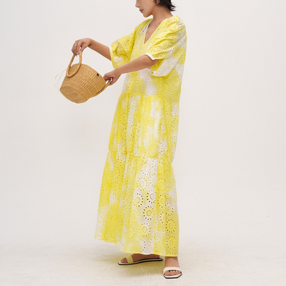 【ワンピース】【15～18日内発送】夏 Vネック 刺繍 透かし彫り 半袖 ワンピース 【JZシリーズ】