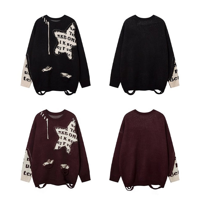 【トップス】星柄切替 デザインニット ユニセックス レディース 秋冬 ゆったり ハイストリート【FCシリーズ】