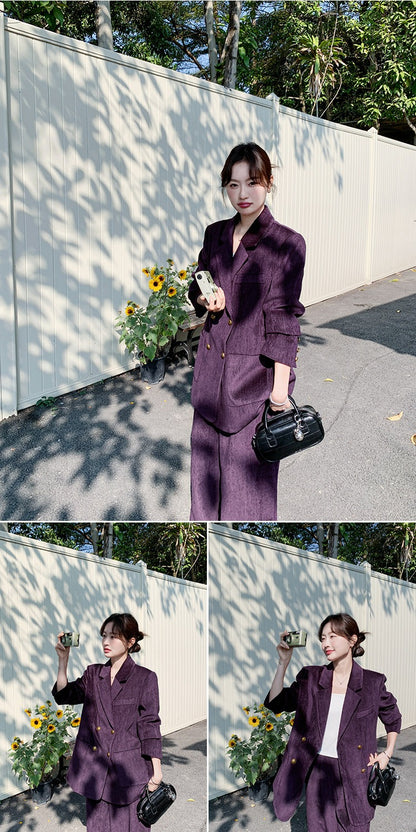 2点セット！【セットアップ】ライトラグジュアリー コーデュロイ 上下セット 2026春新作 ダブルブレスト ジャケット＆ワイドパンツ レディース【JZシリーズ】