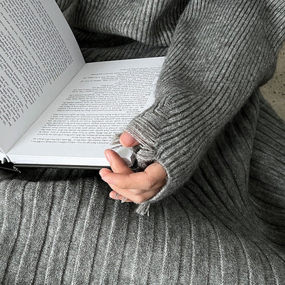 【セットアップ】春 秋 冬 クルーネック セーター + ハイウエスト  細見え プリーツスカート 2点セット 【JZシリーズ】