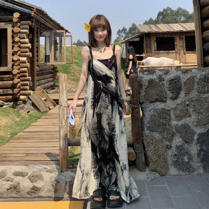 【ボトムス】夏新作 アート×ヴィンテージ 水墨画柄 ゆる感サロペット ワイドシルエット オールインワン【SHシリーズ】