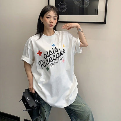 【トップス】レトロ コットン100％ 立体刺繍 オーバーサイズ 半袖 Tシャツ 【FCシリーズ】