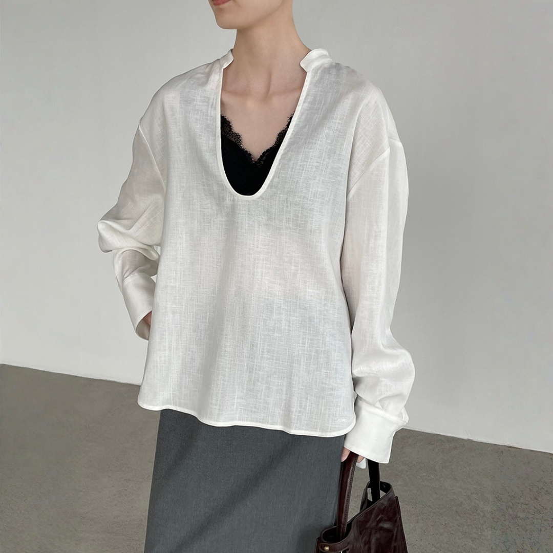 【トップス】深めUネック ミニマル 着回しやすい 上品な雰囲気 シャツ 【JZシリーズ】