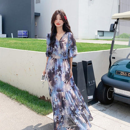 【ワンピース】リゾート風 ロマンティック 蝶々プリント Vネック 半袖ワンピース 高見え バルーンスリーブ サマードレス【SHシリーズ】