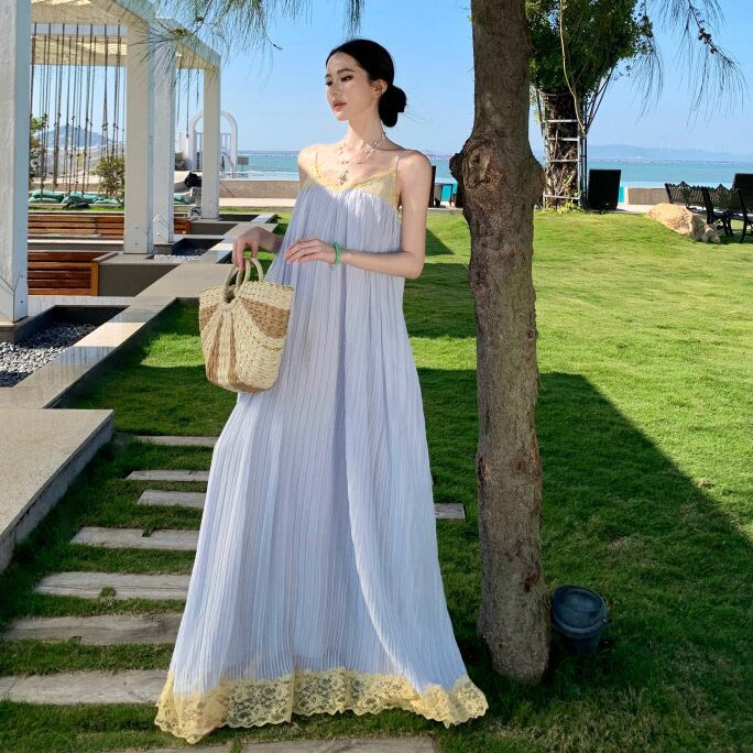 【ワンピース】海島リゾート風 シフォンキャミワンピース ふんわり大フレア ロング丈 海辺&旅行コーデ ノースリーブドレス【SHシリーズ】