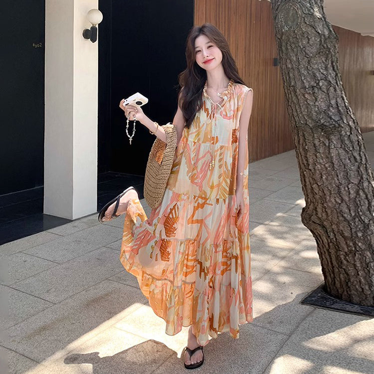 【ワンピース】高級感あふれるロマンティックリゾート風 シフォン花柄ノースリーブワンピース【SHシリーズ】