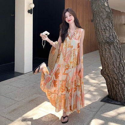 【ワンピース】高級感あふれるロマンティックリゾート風 シフォン花柄ノースリーブワンピース【SHシリーズ】