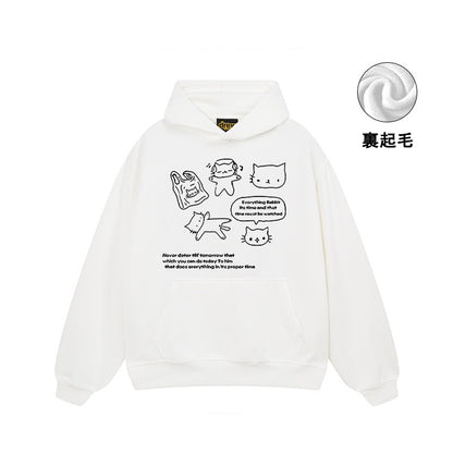 【トップス】🐱ストリート猫プリントヘビーウェイトコットンパーカー ユニセックス ペアルック 秋冬【FCシリーズ】