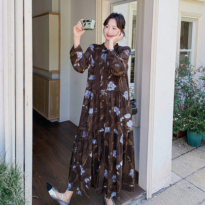 【ワンピース】ヴィンテージ風 フリルカラー 花柄 長袖ワンピース 2026春新作 小柄向け ロング丈【SHシリーズ】