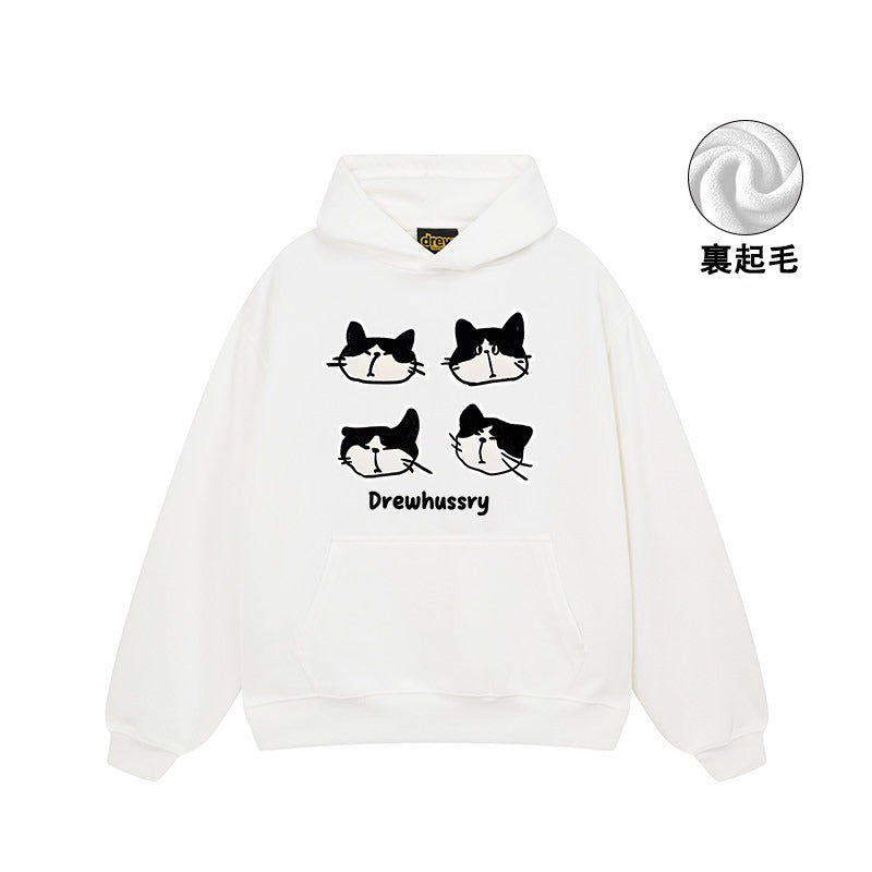【トップス】🐱カートゥーン猫プリント裏起毛パーカー ユニセックス ペアルック 秋冬 カジュアル【FCシリーズ】