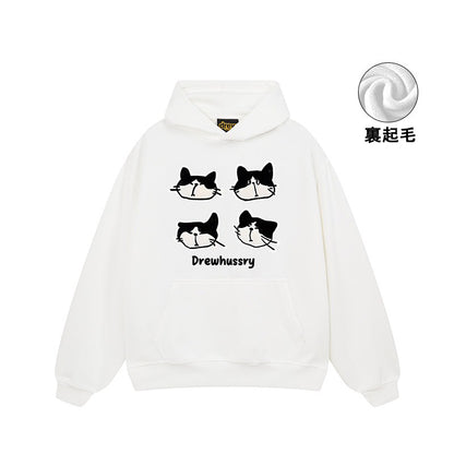 【トップス】🐱カートゥーン猫プリント裏起毛パーカー ユニセックス ペアルック 秋冬 カジュアル【FCシリーズ】