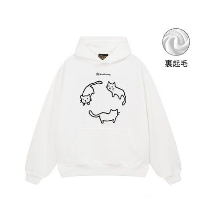 【トップス】🐱アメリカン猫プリント裏起毛パーカー ユニセックス ペアルック 秋冬 可愛い【FCシリーズ】