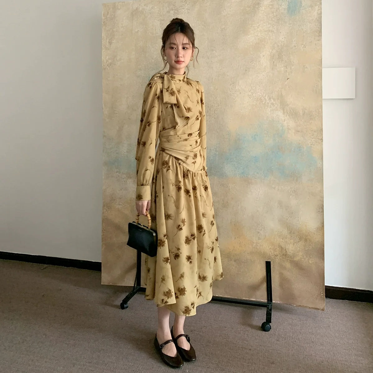 【ワンピース】春 秋 冬 リボンタイ襟 リント プリント ウエストマーク 花柄 ワンピース 【JZシリーズ】