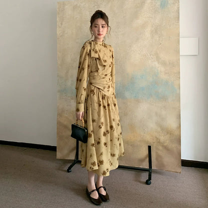 【ワンピース】春 秋 冬 リボンタイ襟 リント プリント ウエストマーク 花柄 ワンピース 【JZシリーズ】