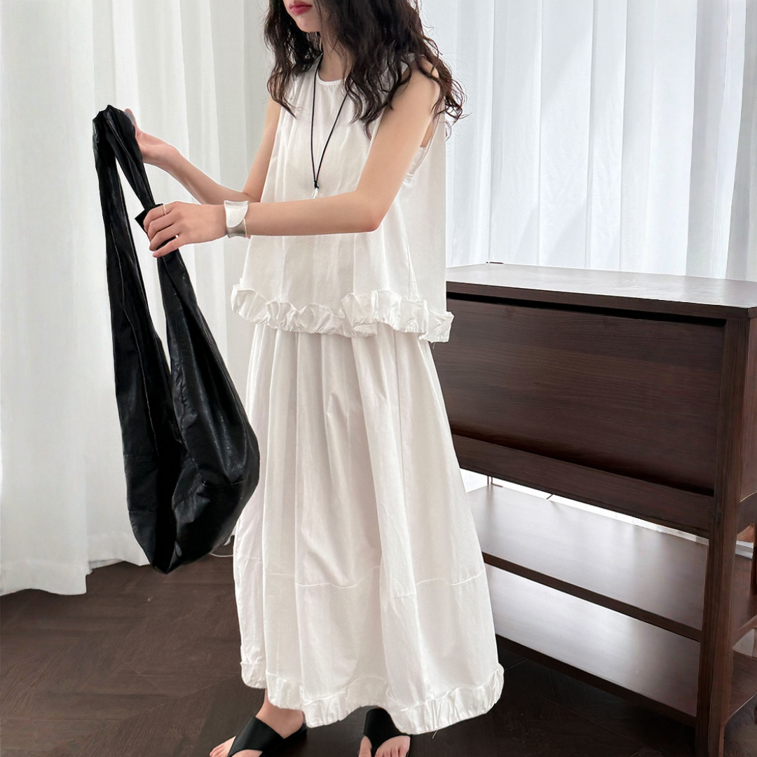 【セットアップ】プリーツ デザイン性 フリル ノースリーブトップス + ＋バルーンスカート 2点上下セット 【JZシリーズ】