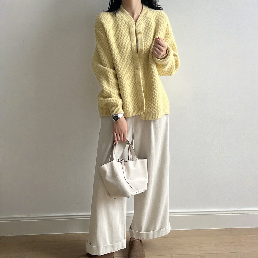 【アウター】パイナップル柄 ハートボタン  クルーネック ニット カーディガン 【JZシリーズ】