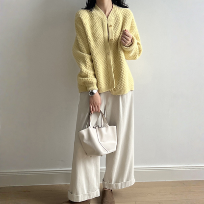 【アウター】パイナップル柄 ハートボタン  クルーネック ニット カーディガン 【JZシリーズ】