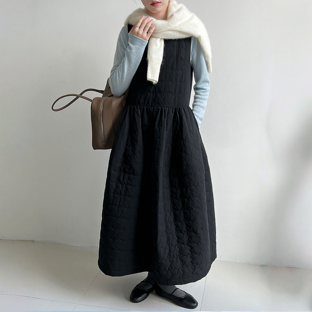 【ワンピース】春 秋 冬 厚手 中綿入り リボン付き ゆったり ロング ノースリーブ ワンピース【JZシリーズ】