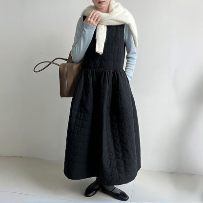 【ワンピース】春 秋 冬 厚手 中綿入り リボン付き ゆったり ロング ノースリーブ ワンピース【JZシリーズ】