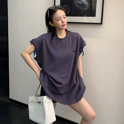 【トップス】ダメージ加工 ストライプ アメリカンリラックス ダメージ 半袖 Ｔシャツ 【FCシリーズ】
