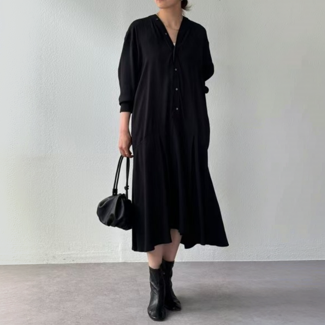 【ワンピース】ミモレ丈 アシンメトリー Vネック ゆったり ワンピース 【JZシリーズ】