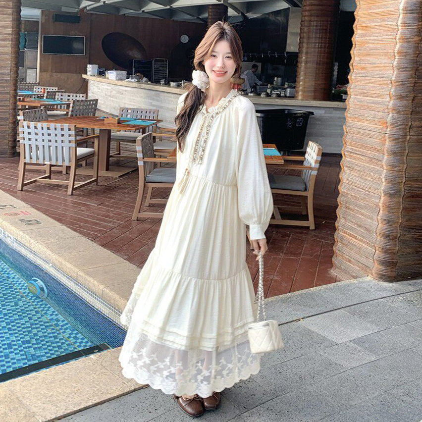 【ワンピース】ベージュ フラワーレース刺繍襟 ワンピース レディース 新作 長袖 フェミニン フレンチ風ロングドレス【JZシリーズ】