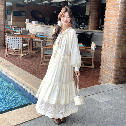 【ワンピース】ベージュ フラワーレース刺繍襟 ワンピース レディース 新作 長袖 フェミニン フレンチ風ロングドレス【JZシリーズ】