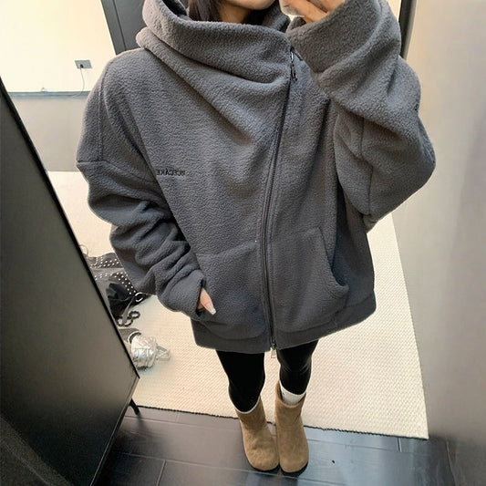 【アウター】フリース 斜めファスナー レトロ シルエット フード付き ジャケット 【FCシリーズ】