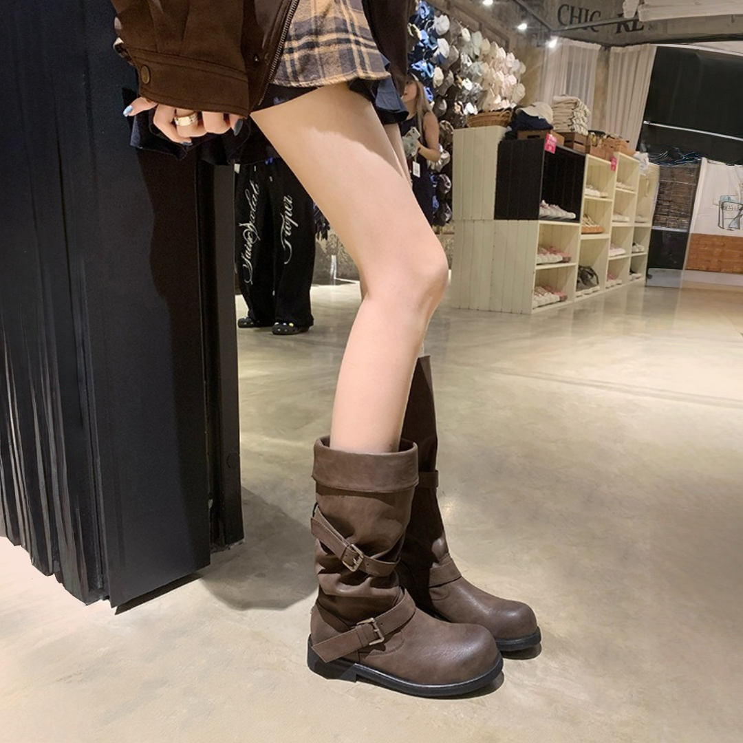 【シューズ】春 秋 冬 筒周りが広い ラウンドトゥ パンツインブーツ 厚底 ライダーブーツ 【JZシリーズ】