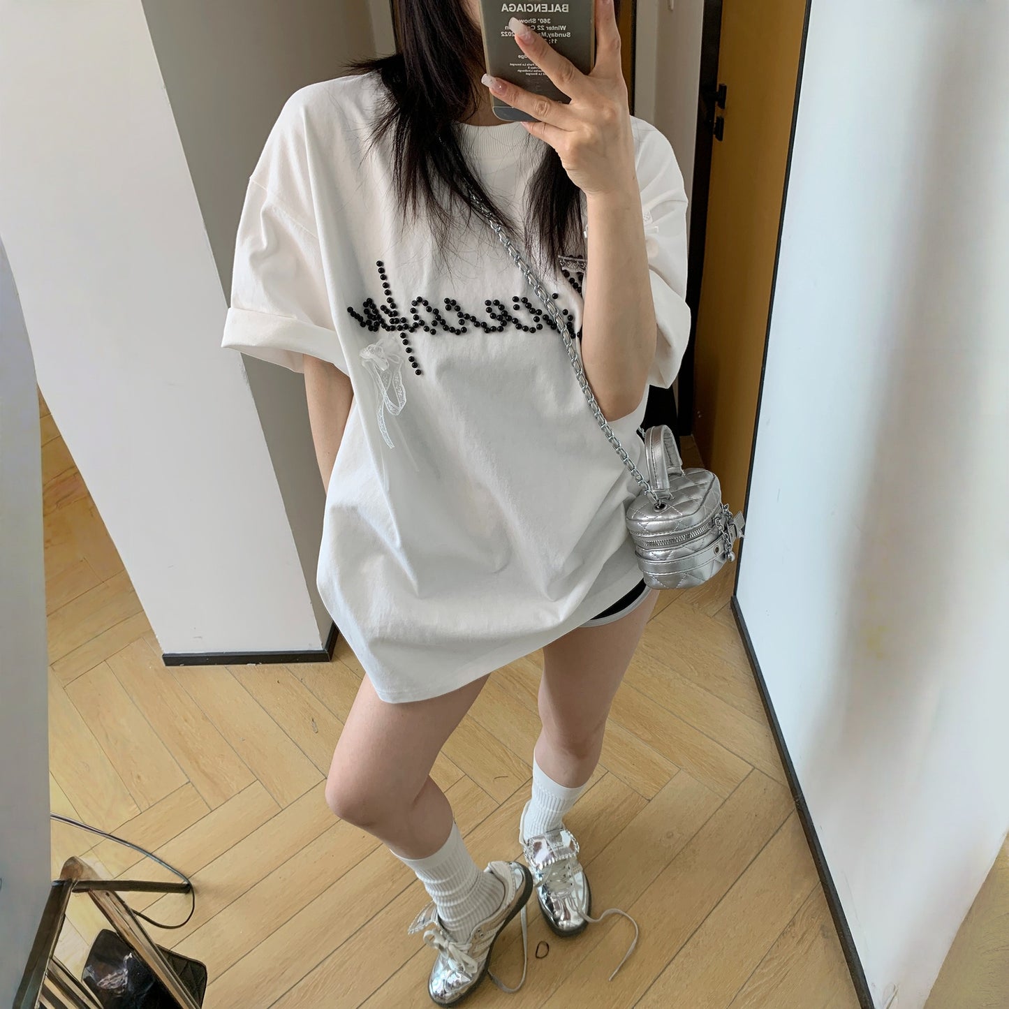 【トップス】夏  リボン ビジュー レース ルーズ 半袖 Ｔシャツ 【FCシリーズ】