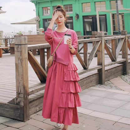 【ワンピース】個性派 かわいい ピンクスウェットワンピース レディース 春秋 ドーパミン風 ゆったり 長袖ワンピース【JZシリーズ】